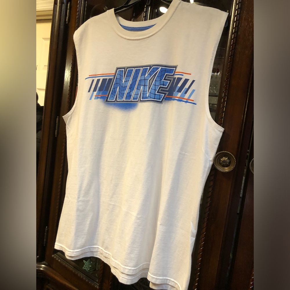 Nike White T-Shirt with Blue Neck Trim and Blue and orange trim Nike Logo - Picture 4 of 10